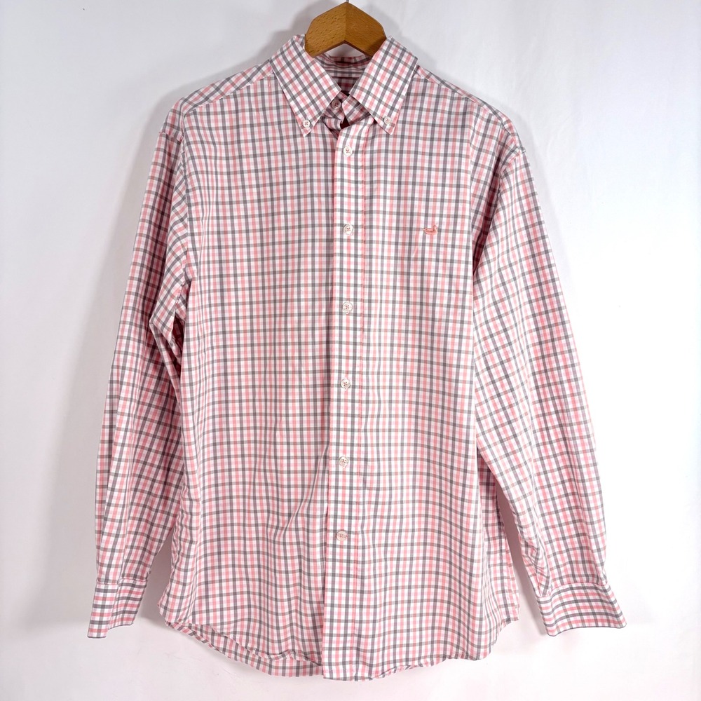 Southern Marsh Button Down Shirt Pink Grey Tattersall Check Wrinkle Free Mens M